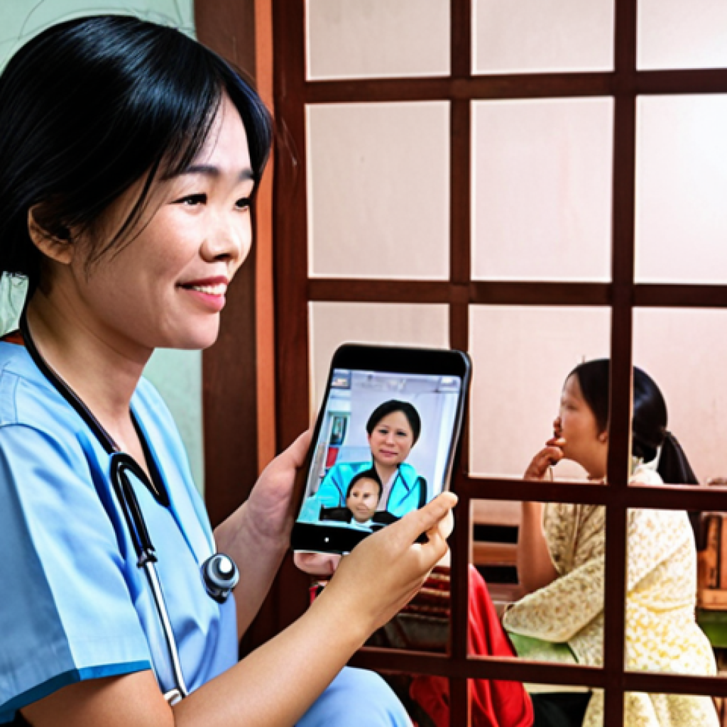 Prompt 1:** A heartwarming scene of a Vietnamese mother at home, using her smartphone to video call a doctor for her child, who is resting comfortably. The image should convey a sense of relief and accessible healthcare, with subtle hints of a busy city night or a calm rural setting, illustrating how telemedicine brings medical care closer to Vietnamese families.