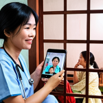 Prompt 1:** A heartwarming scene of a Vietnamese mother at home, using her smartphone to video call a doctor for her child, who is resting comfortably. The image should convey a sense of relief and accessible healthcare, with subtle hints of a busy city night or a calm rural setting, illustrating how telemedicine brings medical care closer to Vietnamese families.