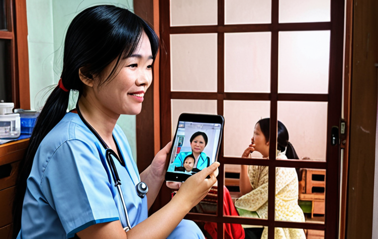 Prompt 1:** A heartwarming scene of a Vietnamese mother at home, using her smartphone to video call a doctor for her child, who is resting comfortably. The image should convey a sense of relief and accessible healthcare, with subtle hints of a busy city night or a calm rural setting, illustrating how telemedicine brings medical care closer to Vietnamese families.