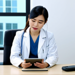 A professional Vietnamese female doctor, in a modest white lab coat, conducts a remote consultation via a tablet. She is seated at a clean, modern desk in a well-lit clinic room, looking directly at the screen with a reassuring expression. On the tablet screen, a Vietnamese male patient, dressed in appropriate casual attire, is visible in his home environment, looking engaged. The background of the clinic is sterile and organized. The scene emphasizes accessibility and connection through technology. fully clothed, appropriate attire, professional dress, perfect anatomy, correct proportions, natural pose, well-formed hands, proper finger count, natural body proportions, safe for work, appropriate content, family-friendly, high-quality professional photography, realistic rendering.
