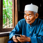 A thoughtful elderly Vietnamese man, wearing modest traditional Vietnamese attire, sits in a humble rural home. He is holding an older model smartphone, looking at its screen with a slight frown of concern and confusion, symbolizing the challenges of digital access and data privacy in telemedicine. The background shows simple, traditional Vietnamese decor, implying a lack of modern technological infrastructure. The lighting is soft and natural. This is a professional and respectful portrayal of a common ethical dilemma. safe for work, appropriate content, fully clothed, modest clothing, family-friendly, perfect anatomy, correct proportions, natural pose, well-formed hands, proper finger count, natural body proportions, high quality, professional photography.