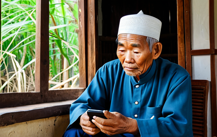 A thoughtful elderly Vietnamese man, wearing modest traditional Vietnamese attire, sits in a humble rural home. He is holding an older model smartphone, looking at its screen with a slight frown of concern and confusion, symbolizing the challenges of digital access and data privacy in telemedicine. The background shows simple, traditional Vietnamese decor, implying a lack of modern technological infrastructure. The lighting is soft and natural. This is a professional and respectful portrayal of a common ethical dilemma. safe for work, appropriate content, fully clothed, modest clothing, family-friendly, perfect anatomy, correct proportions, natural pose, well-formed hands, proper finger count, natural body proportions, high quality, professional photography.