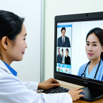 **

"A fully clothed Vietnamese doctor in a modern, well-lit clinic, examining a patient via telemedicine. The patient is located in a rural, mountainous area, and the doctor is using a computer with a video call interface. Appropriate attire, safe for work, perfect anatomy, correct proportions, professional, modest, family-friendly, high quality, natural pose."

**