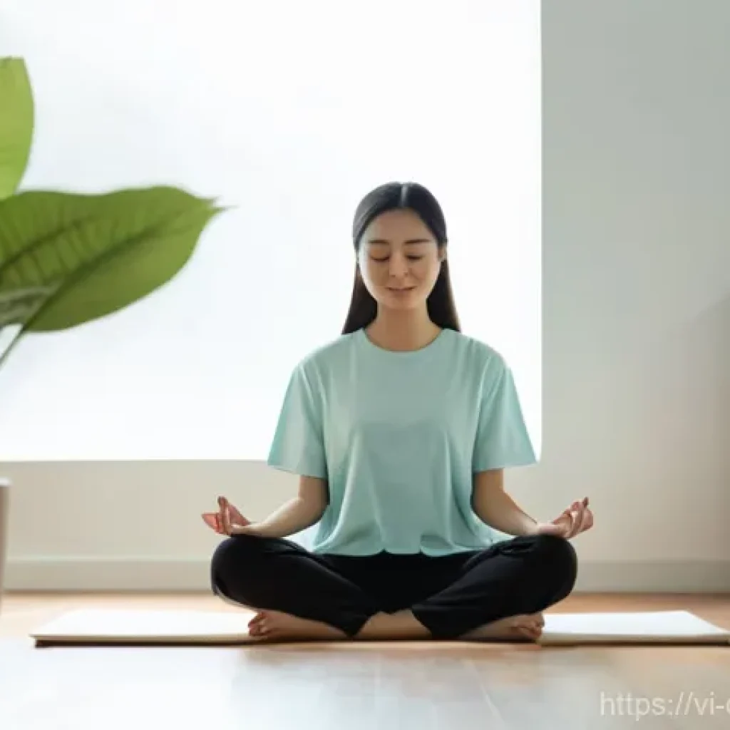 디지털 헬스케어에서의 심리적 요소 - **Prompt:** "A peaceful and serene scene of a young Vietnamese woman, in her late 20s, sitting comfo...
