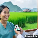 원격 진료의 미래 변화 예측 - A vibrant digital healthcare scene in rural Vietnam showing a middle-aged Vietnamese woman using a m...