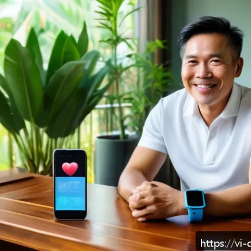 디지털 헬스케어에 필요한 데이터 수집 방법 - A Vietnamese middle-aged man wearing a smart fitness wristband, sitting at a wooden table with a sma...