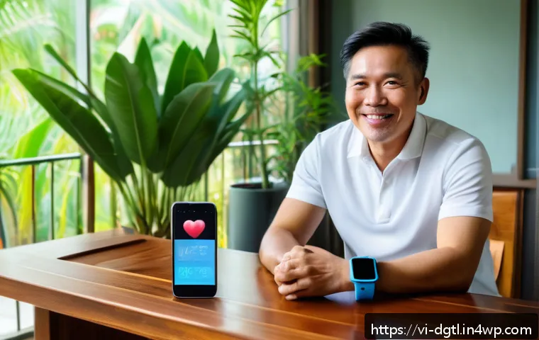디지털 헬스케어에 필요한 데이터 수집 방법 - A Vietnamese middle-aged man wearing a smart fitness wristband, sitting at a wooden table with a sma...